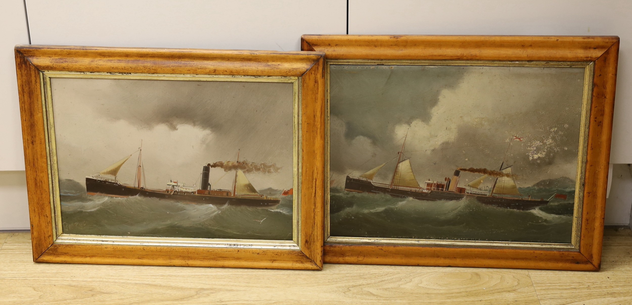 English School c.1900, pair of oils on millboard, Ship portraits of steam yachts, one indistinctly signed, 27 x 38cm